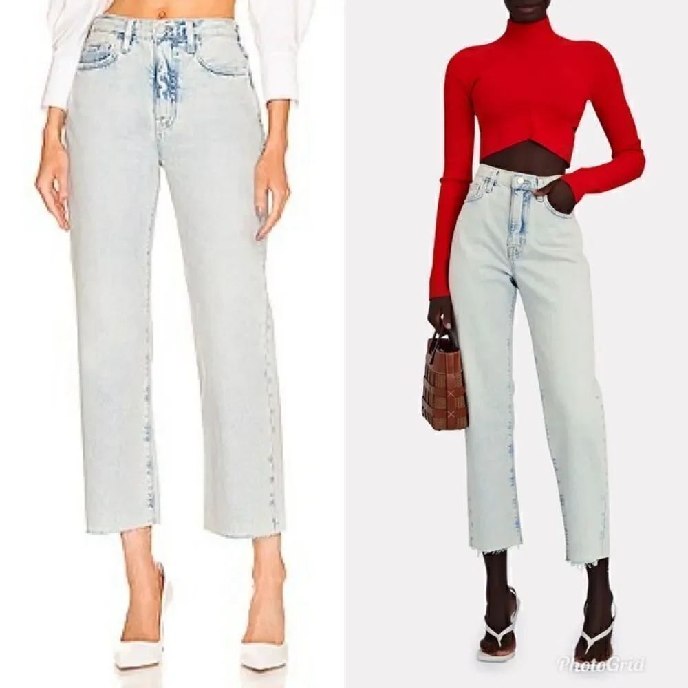 Revolve Frame Denim Le Jane Crop Raw Hem in Jeans in Luster